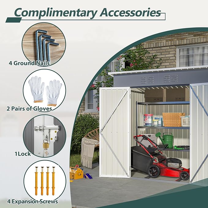 6X4 FT Outdoor Storage Shed, Waterproof Metal Garden Sheds with Lockable Door, Steel Tool Storage Buildings Shed & Outdoor Storage House for Garden, Backyard, Patio, Lawn, Trash Cans(Grey)