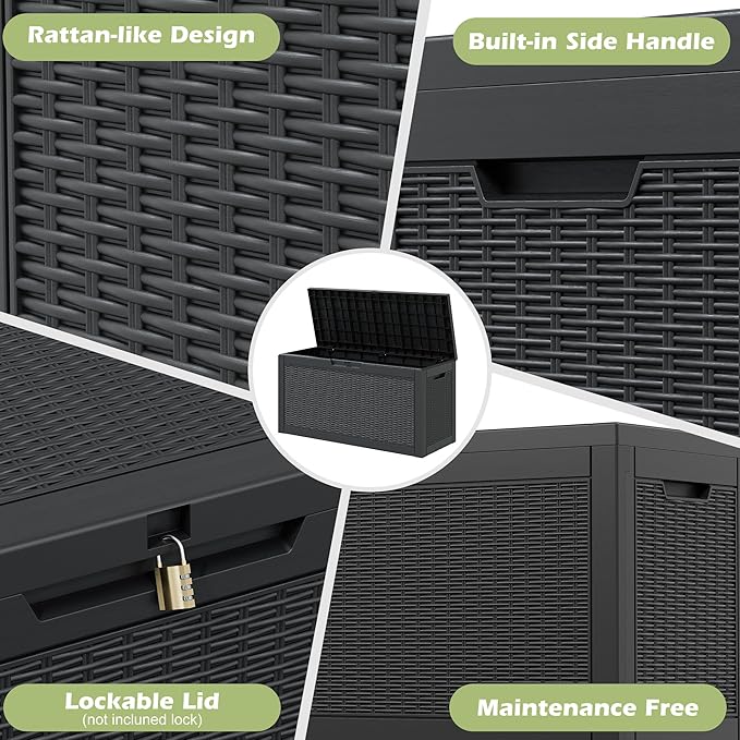 59 Gallon Outdoor Storage Deck Box Waterproof,Large Resin Storage Container for Outside,Patio Accessories for Outsid,Backyard Delivery Boxes,Lockable Lid,Rattan Black