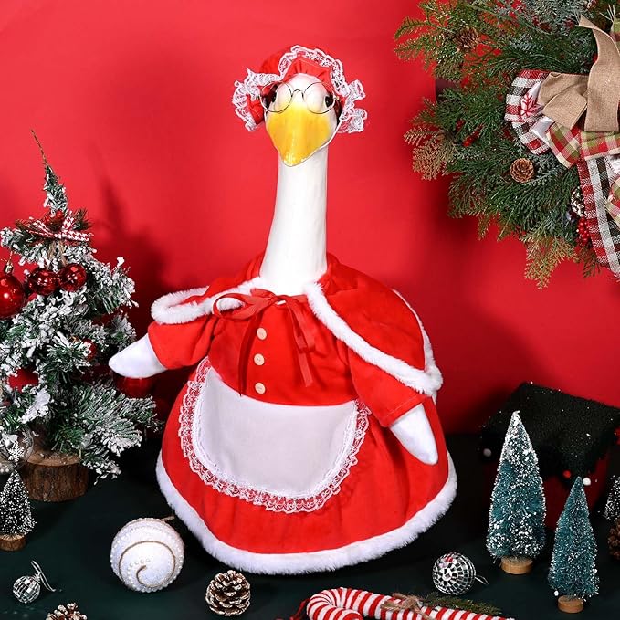 Mrs. Claus Porch Goose Outfits Christmas Lawn Goose Clothes Fits 23" Cement Plastic Goose Statue for Christmas Outdoor Garden Yard Patio Statue Art Decoration
