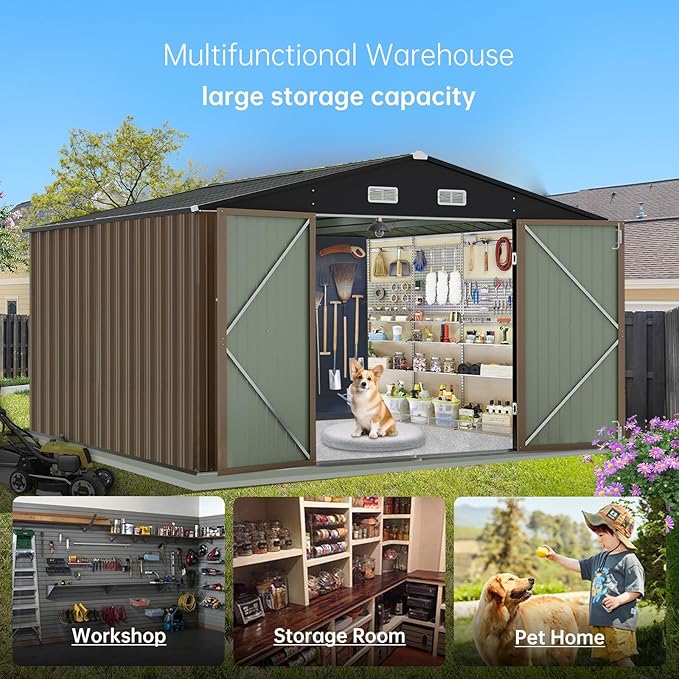 12X10FT Metal Outdoor Storage Shed - Galvanized Steel Waterproof Garden Shed with Lockable Doors & Vents, All-Weather Utility Tool Shed for Lawn Mower, Bike