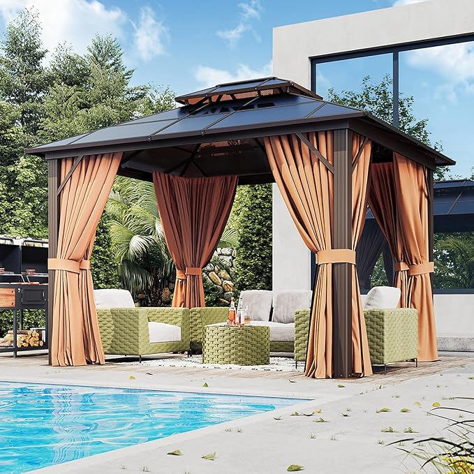 10'x12' Hardtop, Double Roof Gazebo, Aluminum Frame Permanent Pavilion with Netting and Curtains, Outdoor Polycarbonate Gazebo, for Patios, Gardens, Lawns
