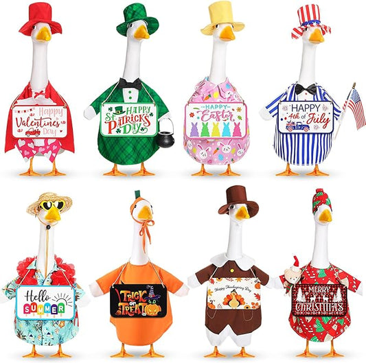 8 Set Seasonal Holiday Goose Outfits Hanging Signs Fall Halloween Christmas Porch Statue Outfits All Seasons Holiday 23" Goose Clothes Patio Lawn Outdoor Decors(Cool Style)
