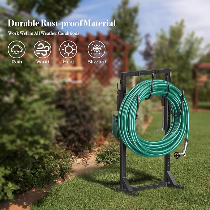 Garden Hose Holder Water Hose Holder with 4 Spikes, Freestanding Hose Hanger Outdoor Hold Stand Heavy Duty 6 Hooks Metal Garden Hose Storage Hose Reel Rack for Outside (Black)