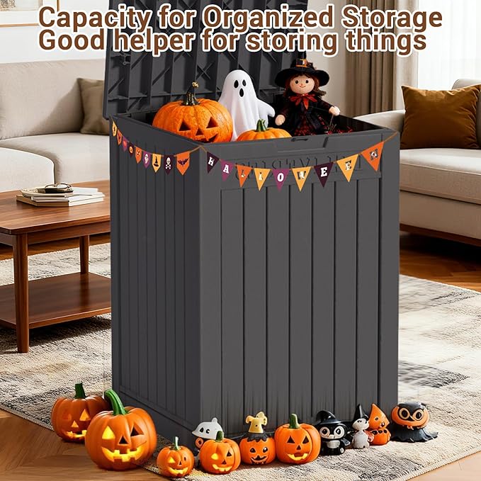 48-Gallon Lockable Outdoor Delivery Box, High-Density Resin Storage Chest with Wood Grain Finish, Weatherproof for Porch, Balcony, and Garage Storage, Black