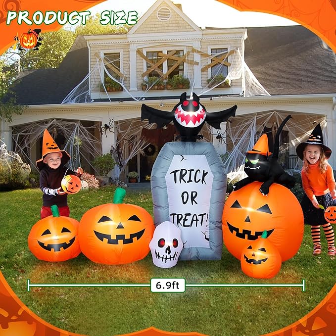 7FT Long Halloween Inflatable Pumpkin Patch with Tombstone & Black Cat & Bat, Blow up Halloween Inflatable with Build-in LED Lights Outdoor Decorations Large Party Yard Decoration