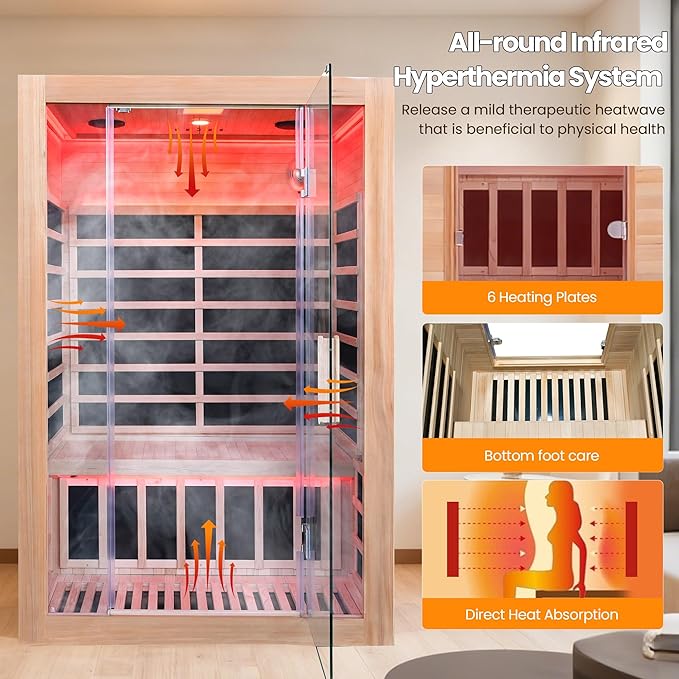 2-Person Home Infrared Sauna with Red Light Therapy & Bluetooth Speakers Dry Heat Sauna for Home & Gym 1760W 120V Low EMF with Control Panel, Indoor Personal Luxury Spa for House and Gym