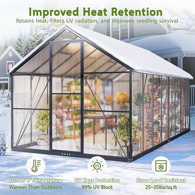 Wanan 16x8FT Greenhouses for Outdoors, Quick Assembly Polycarbonate Green House with UV Protection, Heavy Duty Windproof Aluminum Frame, Adjustable Roof Vent for Backyard or Outdoor Garden Use