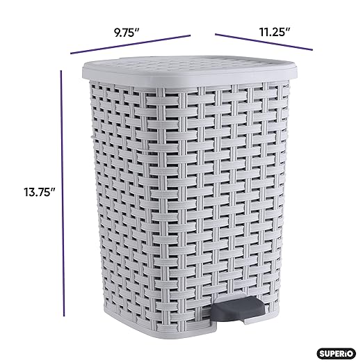 Superio Small Outdoor Trash Can with Lid for Dog Poop 3 Gallon/12 L Mini Plastic Garbage Can with Foot Pedal for Bathroom, Bedroom, Office, Patio, Wicker Smoke