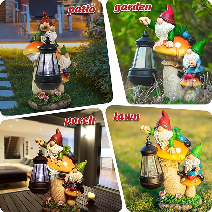 Garden Gnome Statue, Large Funny Gnome Figurine Climbing on Mushroom and Holding a Solar LED Lantern Resin Ornament for Patio Yard Lawn Porch Outdoor Decor