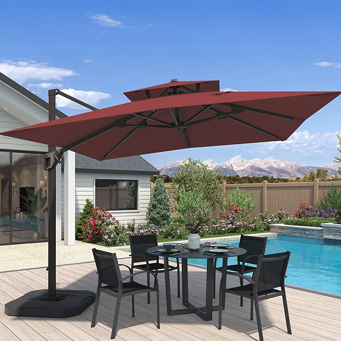 10x10 FT Cantilever Patio Umbrella Double Top Outdoor Square Large Heavy Duty Aluminum Offset Umbrellas with 7 Level Tilt 360-degree Rotation for Pool Garden Deck, Wine Red