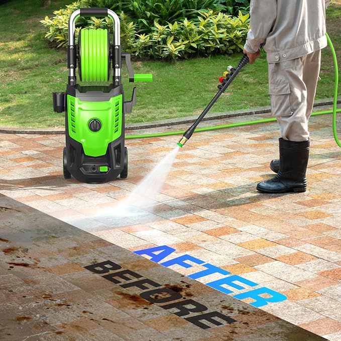 4800 PSI Pressure Cleaner- 4.0 GPM High Power Cleaner with 33FT Hose Reel, 4 Spray Tips and Soap Bottle for Car Washing, Fence Cleaning, Patio Maintenance（Upgraded）(Green)