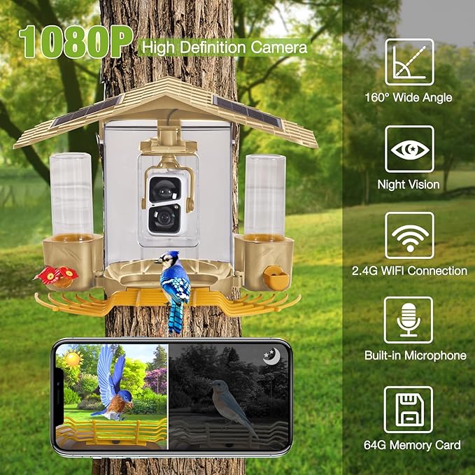 GUTINNEEN Smart Bird Feeder with Camera, High Resolution AI Camera for Wild Bird Identification, Hummingbird Feeder with Camera Solar Powered, Wireless Camera Gift for Bird Lover (Yellow), AIR106