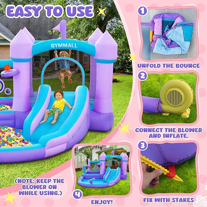 Water Bounce House for Kids 3-8, Purple Large Inflatable Bouncy Castle with Water Slide 480W Air Blower Jumping Space Ball Pit Swim Pool Basketball, Bouncy House for Party Birthday Event Gift