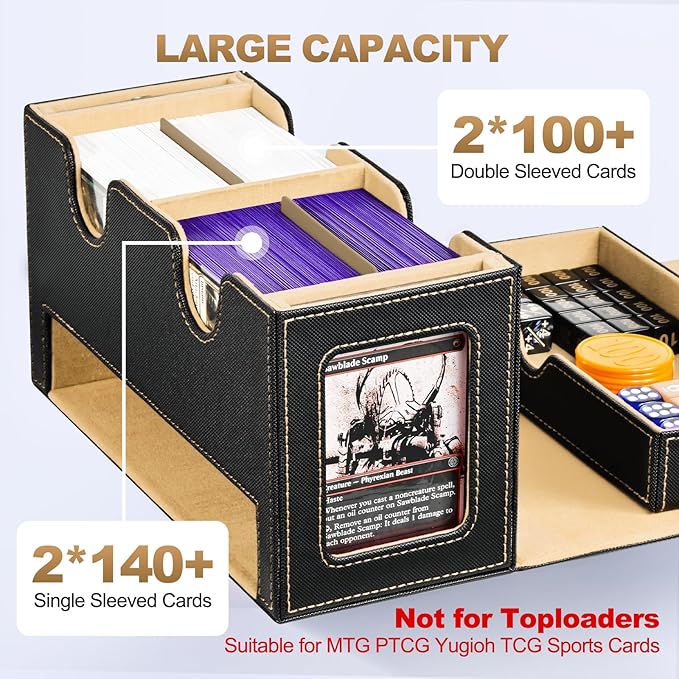 MTG Deck Box with 2 Commander Display and Dice Tray-Patented Design, Double Deck Box for 280+ Single Sleeved Cards, Leather Magnetic Card Storage Box Fits for TCG CCG Magic Cards (Black&Khaki)