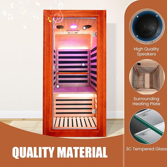 Far Infrared Sauna for Home Indoor Sauna Wooden Dry Saunas for 1 Person 1020W 110V with Control Panel, Bluetooth Speaker, Reading Lamp