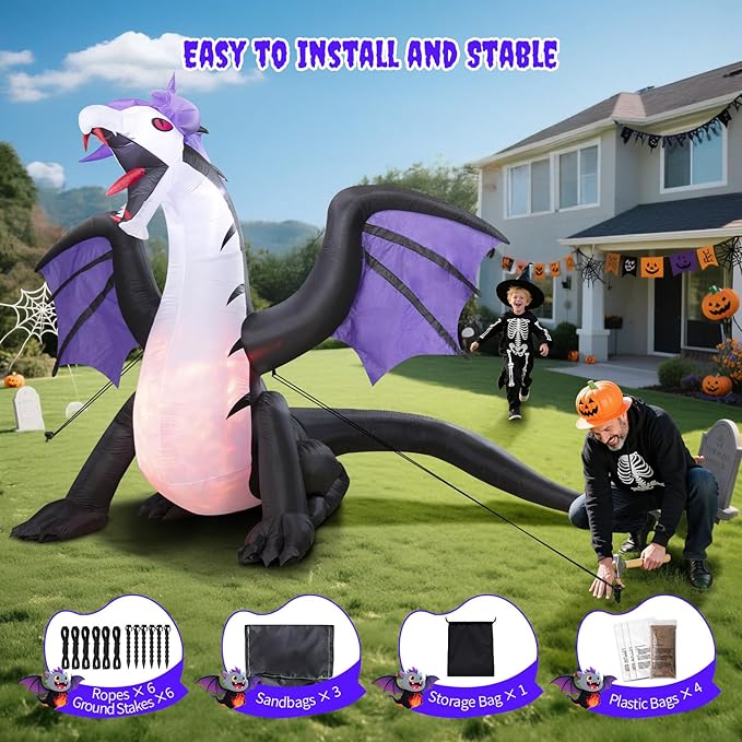 8FT Inflatable Pteranodon Dragon Decoration with LED Lights, Open Mouth & Sharp Teeth – Giant Blow Up Halloween Inflatables for Yard, Lawn, Garden, Holiday Fun Decor, Gifts for Kids & Adults