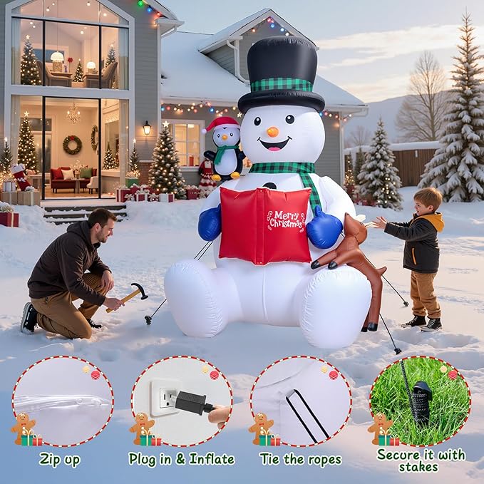Dawdix 7 FT Christmas Inflatable Snowman Outdoor Decorations, Blow up Snowman Yard Decor Built-in LEDs, Penguin & Reindeer Christmas Decoration, Xmas Holiday Decoration for Indoor Outdoor Garden Lawn