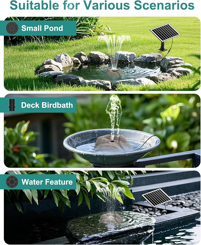 Solar Fountain for Bird Bath with Dry Run Protection Solar Powered Bird Bath Pump with 10 Nozzles,Resin Granite Rock Bird Fountain for Outdoor Water Features,Ponds,Can Cloudy Day Use