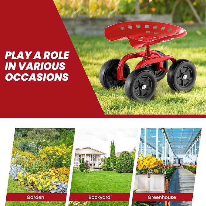 Rolling Garden Seat, Garden Cart with 360° Swivel Work Seat & Adjustable Height, Heavy Duty Garden Seat with Wheels for Lawn Yard Patio Greenhouse Planting Cleaning (Red)