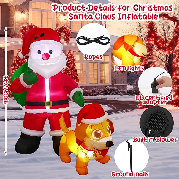 Leyndo 6 FT Christmas Inflatable Santa Claus Outdoor with a Gift Bag and a Dog Blow Up Decoration with LED Lights Cute Xmas for Holiday Party Yard Garden Lawn Decor