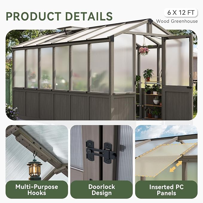 Aoxun 6x12 FT Walk-in Wooden Greenhouse,Solid Cedar Frame,Polycarbonate Panels, Automatically Temperature Control Roof Vent and Lockable Door,for Outdoor, Garden, Backyard,Patio, Lawn, Gray