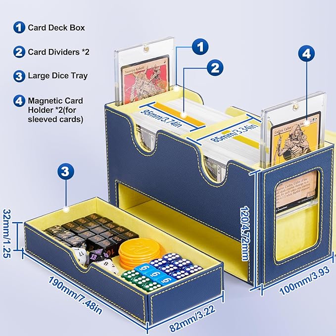 Card Deck Box for MTG, Double Deck Storage Box with 2 Commander Display & 1 Dice Tray, Fits 200+ Double Sleeved Cards, Card Organizer for CCG TCG Sports (Blue Yellow)