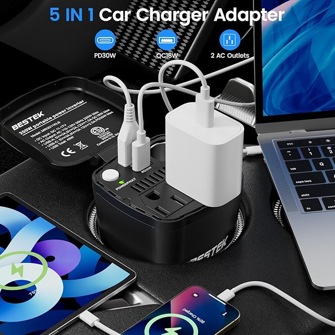 BESTEK 200W Power Inverter, 12V DC to 110V AC Car Plug Adapter Outlet Converter with [30W USB-C]/USB-Fast Charger(18W) / Dual AC Outlets/car Charger for Laptop