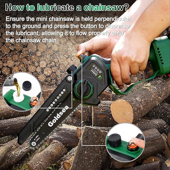 Cordless Mini Chainsaw 6 Inch, Goldsea Small Electric Chain Saws with 2 pack 2000mAh Batteries and Automatic Oiling System, Hand Saw Battery Powered Branch Cutter for Wood Cutting as Gifts for Men
