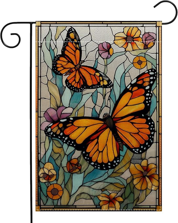 Garden Flags, Butterfly Garden Flag, Stained Glass Style Butterfly Floral Flag Double-Sided Flags for Farmhouse Yard Outdoor Decoration-12 x 18inch