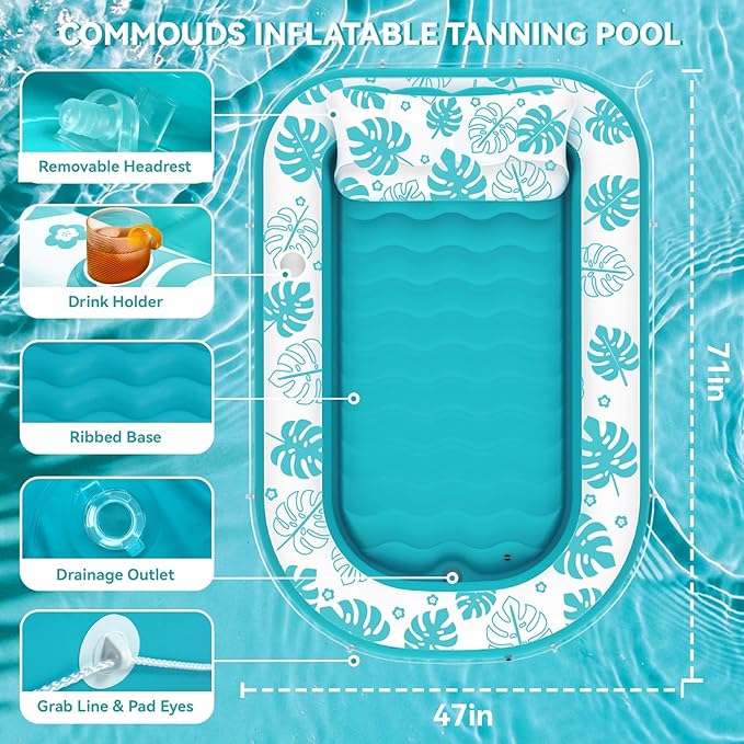 Inflatable Tanning Pool Lounger Float with Cervical Pillow - Pool Floats Adult for Sunbathing, Backyard, Pool Party - Inflate Ball Pit for Babies - Kids Swimming Pool Bed