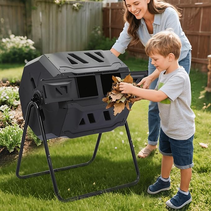 Athena Collection Compost Tumbler, 43 Gallons Dual Composter Chamber Outdoor, Easy Turn & Fast Rotating Compost Bins with 2 Sliding Doors, Easy Assembly, for Garden, Yard and Outdoor Use