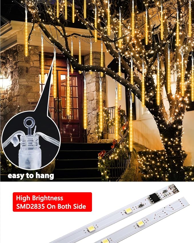Flacchi Solar Meteor Shower Icicle Lights - 20 Tubes 480 LED Cascading Raindrop Lights, Outdoor Waterproof Christmas Decorations for Holiday Party(Warm White, Solar 20 Tubes)