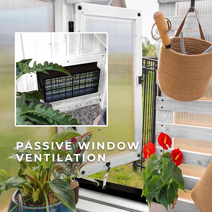 Backyard Discovery Willow 9' x 6' White Cedar Wood and Polycarbonate Walk-in Greenhouse Kit with Exhaust Fan, Windows, Hose Hook-Ups, PowerPort, Staging Shelves for Year-Round Outdoor Gardening