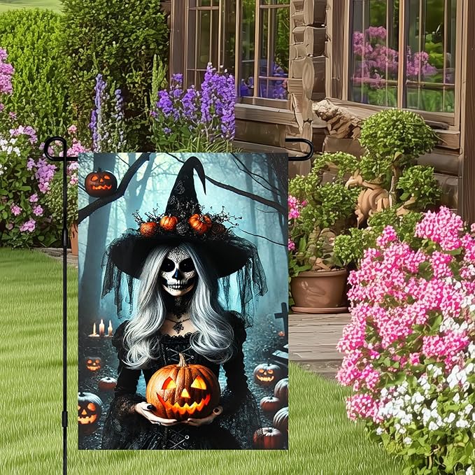 Halloween Garden Flag 12x18 Inch Gothic Witch Holding Pumpkin Scary Skeleton Woman Yard Banner Spooky Outdoor Halloween Decoration for Porch Lawn Graveyard