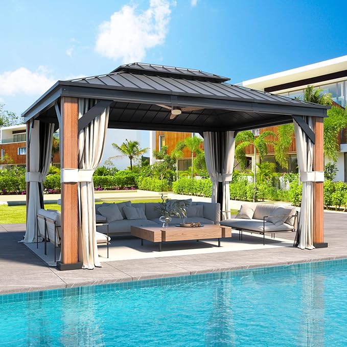 EROMMY 12' x 16' Hardtop Gazebo, Wooden Grain Aluminum Frame Thicker Column with Galvanized Steel Roof, Outdoor Permanent Pavilion with Curtains and Nettings for Patio, Backyard, Deck and Lawns