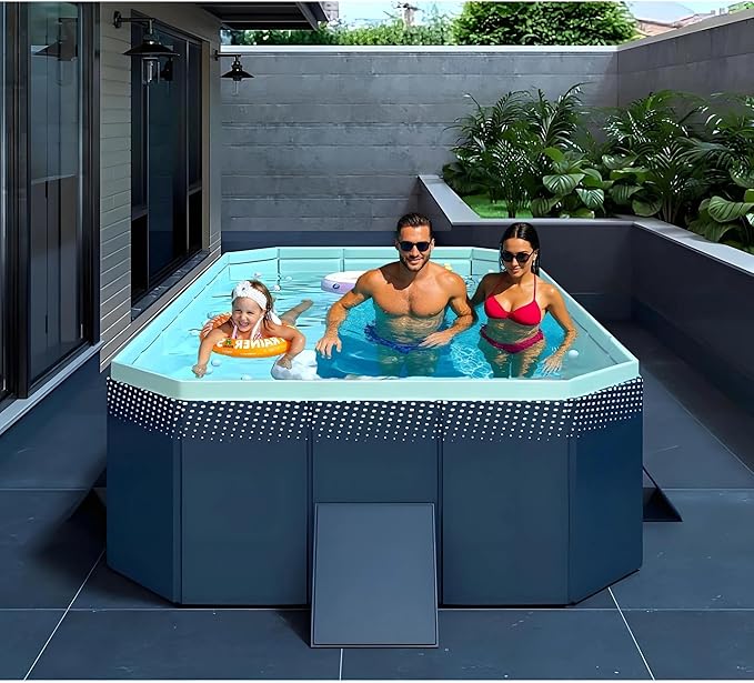 Foldable Non-Inflatable Kids' and Adults' Outdoor Swimming Pool Hard Plastic Shell Kid Pool for Backyard Dog Pools (113" x 66" x 20")