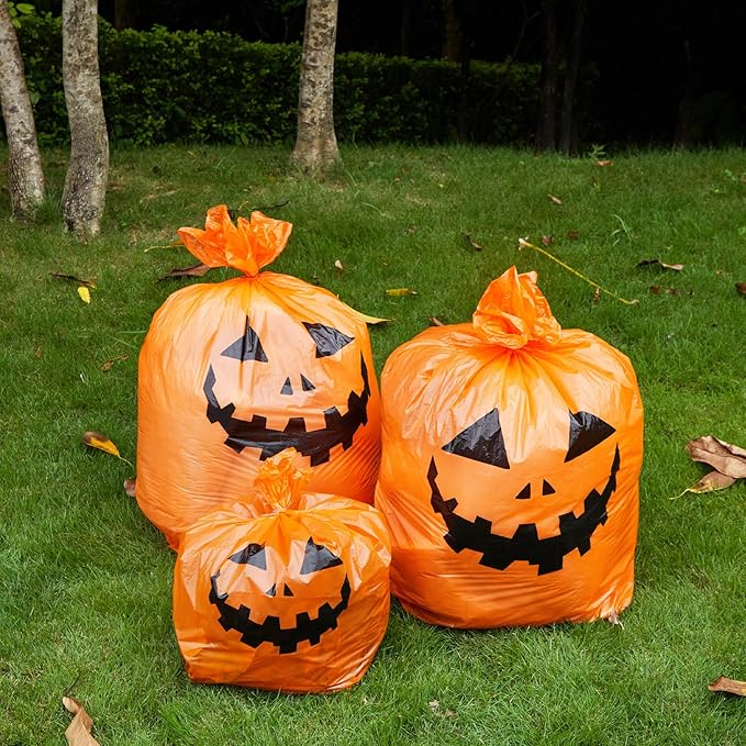 Qilery 18 Pcs Halloween Leaf Lawn Bags Plastic Pumpkin Trash Bags for Leaves with Twist Ties for Halloween Yard Garden Outdoor Party Favors Decorations