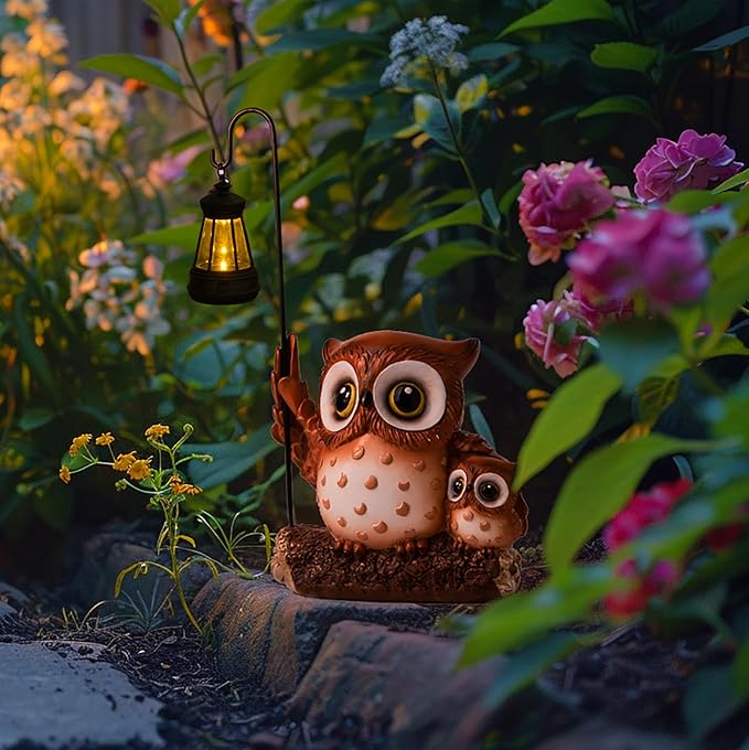 Garden Statues Owl with Solar LED Lantern, Resin Solar Garden Decor for Outside, Yard Decorations Outdoor for Patio, Porch, Balcony, Lawn Ornaments, House Warming Birthday Gifts for Mom Women Grandma