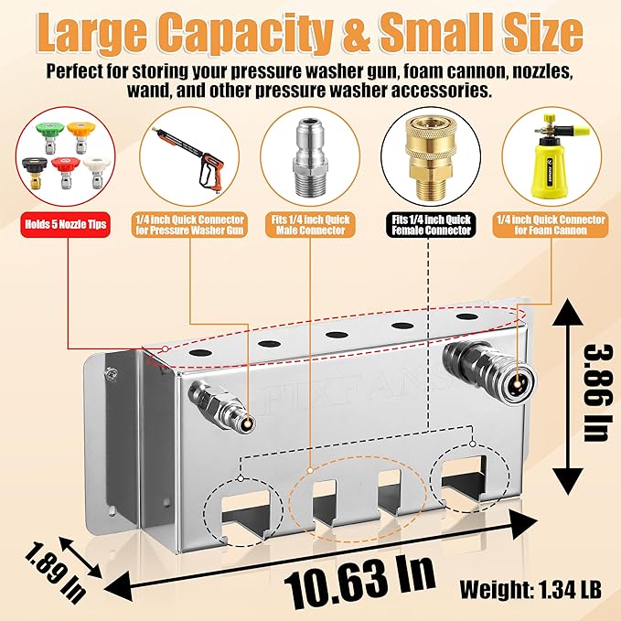 Pressure Washer Foam Cannon Holder, Power Washer Gun Snow Foam Lance 1/4" Quick Connect Tool Organizer, Wall Mounted Nozzle Tips and Wand Extension Kit Storage Rack of Car Wash Accessories