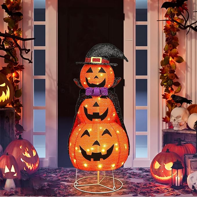 Lulu Home 3.5FT Light Up Halloween Decoration, 60 LED Collapsible Stacked Pumpkins with Vampire Cloak, Plug-in Pre-lit Jack-O-Lantern Front Door Porch Indoor Outdoor Decoration