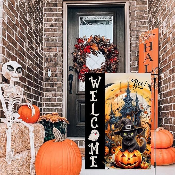 DECORLUXES Halloween Cat Garden Flag Double Sided, Welcome Halloween Large Garden Flags Garden Outside Decor, Yard Flag Decorations (Garden Flag)