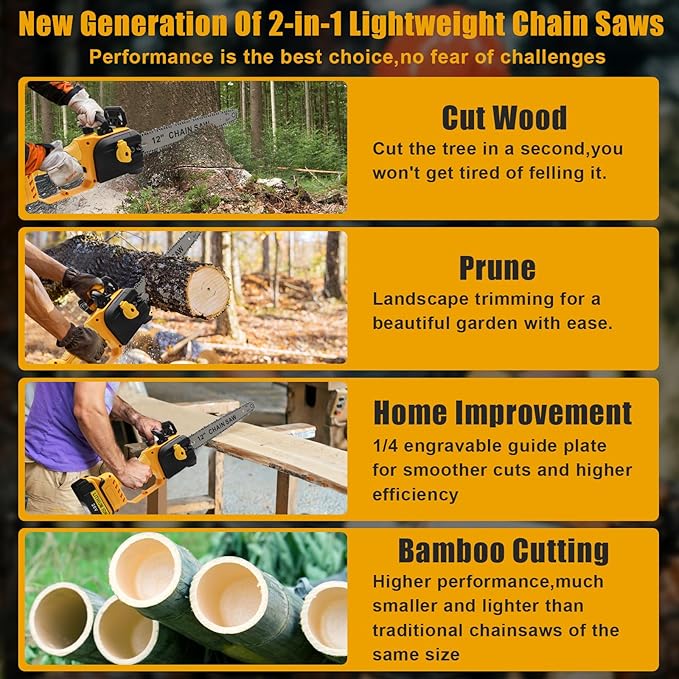 Mini Chainsaw Cordless for Dewalt 20V Battery, Brushless Electric 12"/ 10" with Auto Oiler & Security Lock, for Tree Trimming, Branch Wood Cutting (Tool Only) (12"/ 10" Chainsaw)