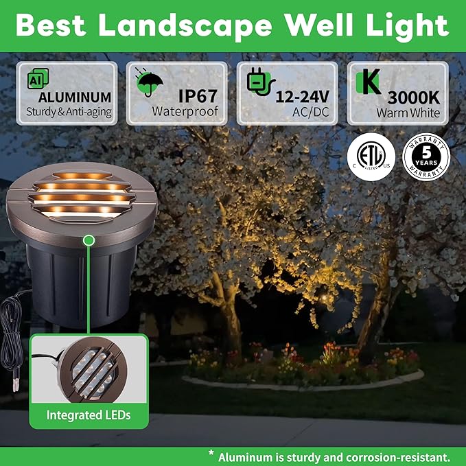 Ground Well Lights, Landscape LED Low Voltage Inground Lights, Outdoor Waterproof IP67, 12V Wired Aluminum Grille On Top ORB for Backyard Wall 6W 350LM 8 Pack