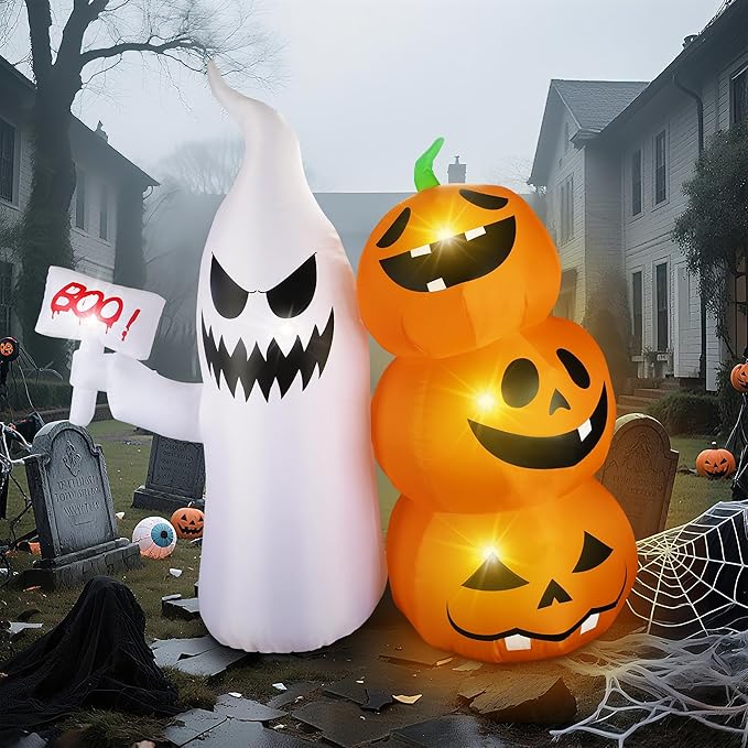 6Ft Halloween Inflatable Ghost Hammer Pumpkin Outdoor Decor with Build-in LEDs Blow Up Inflatable for Party Indoor Outdoor Garden Lawn Yard