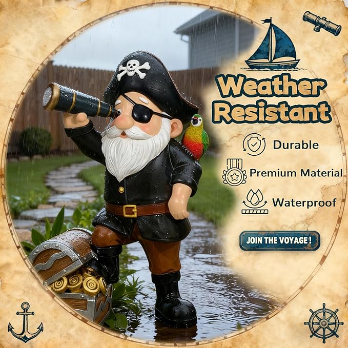 Solar Pirate Gnome Statue – Whimsical Outdoor Garden Decor for Yard, Patio, Lawn, Backyard – Ideal Gift for Women, Garden Lovers, Moms, Birthdays