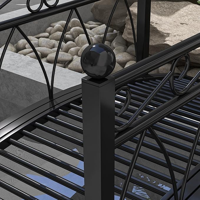 Outsunny 3.3' Metal Arch Zen Garden Bridge with Safety Siderails, Decorative Footbridge, Delicate Scrollwork & Corner Spheres for Stream, Fish Pond, Black