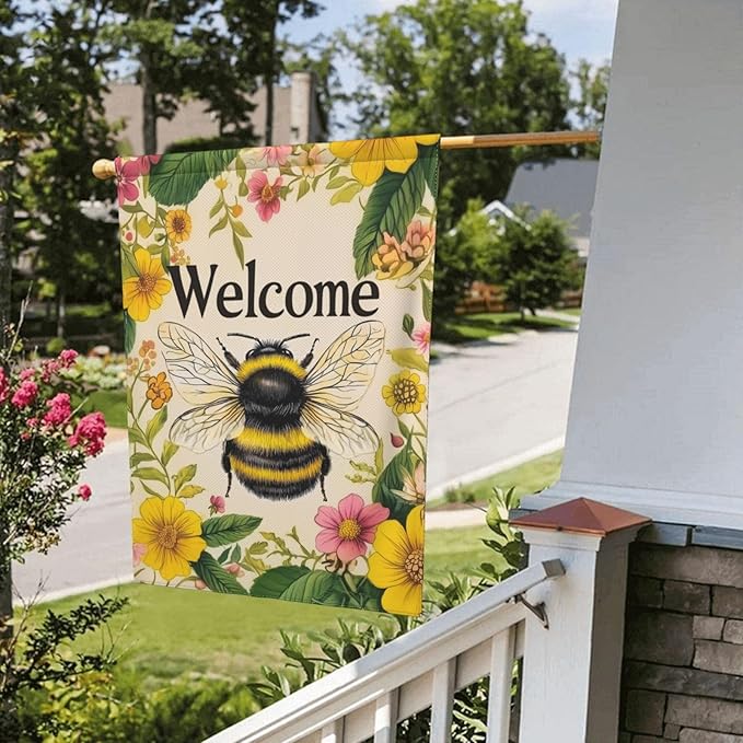 Bee Garden Flag Vertical Double Sided Outdoor Yard Flags 12.5x18 Inch Burlap Banners for House Lawn