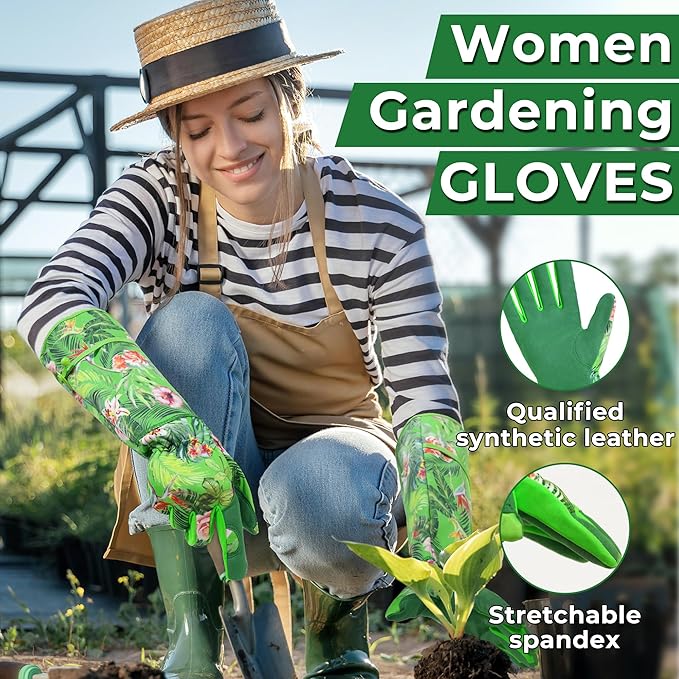 HANDLANDY Women Gardening Gloves, Scratch Resistant Breathable Ladies Rose Pruning Long Gauntlet Floral Print Garden Yard Gloves, Gift for Gardeners (Green, XL)