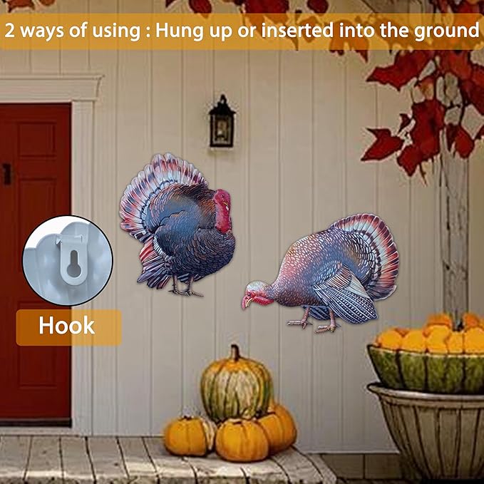Turkey Metal Garden Stakes Outdoor Decorative Sculptures Holiday Yard Art Fall Thanksgiving Decor for Outdoor Holiday Party Garden Yard Lawn Decor, 2 Pack