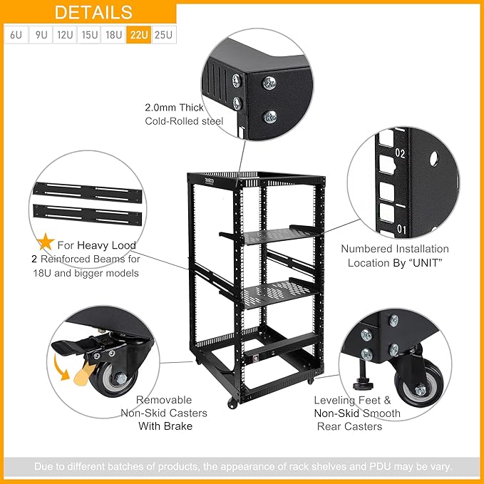 RIVECO 22U Open Frame Server Rack with Brake Casters +19" Rail Mounting PDU (8 Outlets) Power Strip with Surge Protector + 2PCS Rack Shelves Cantilever Tray Set Black